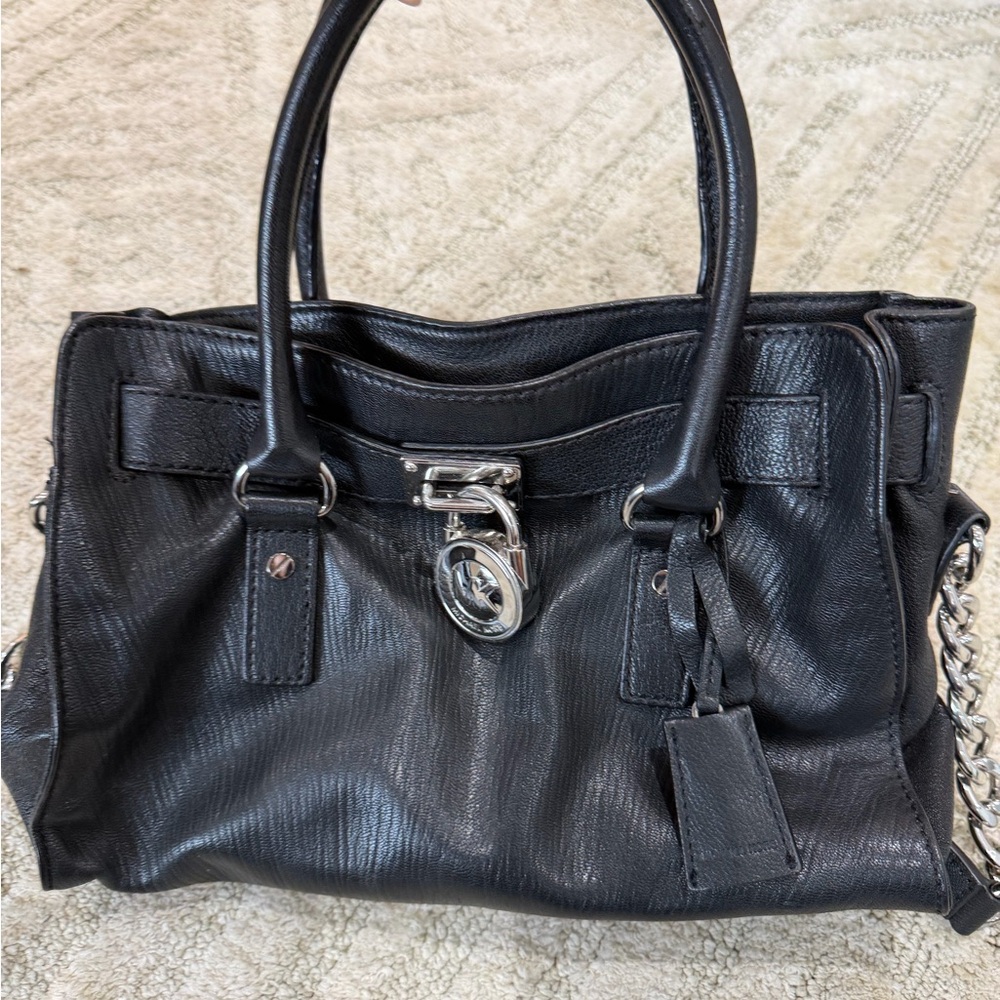 Black Leather Satchel Handbag with Silver Hardware